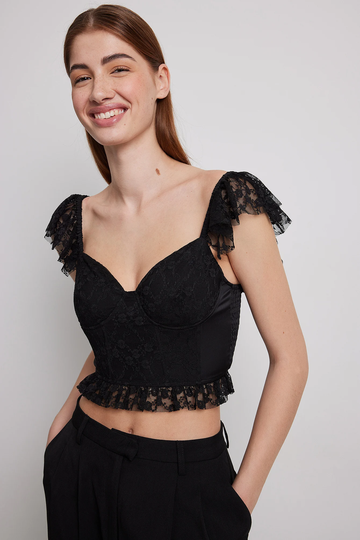 NA-KD Boho Korsettopp med spetsärmar - Black