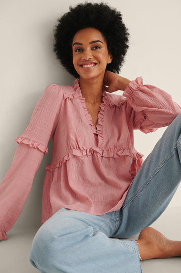 NA-KD Boho Recycled lS volangblus med struktur - Pink