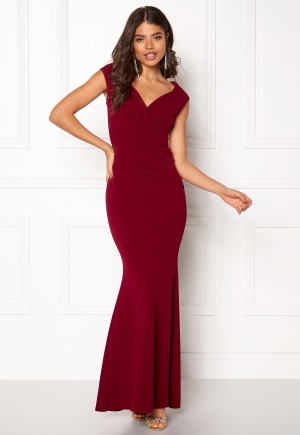 Goddiva Bardot Pleat Maxi Dress Wine L (UK14)