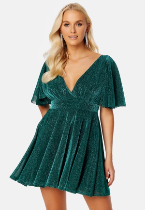 Goddiva Flutter Sleeve Glitter Skater Dress Emerald XS (UK8)