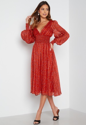 Goddiva Ditsy Long Sleeve Shirred Midi Dress Red L (UK14)