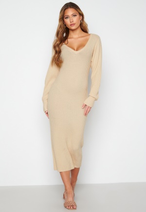 BUBBLEROOM Rosanna knitted puff sleeve dress Light beige L