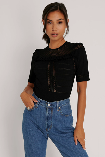 NA-KD Stickad Top Med Volangdetalj - Black