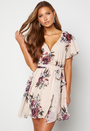 Goddiva Floral Flutter Skater Dress Latte L (UK14)