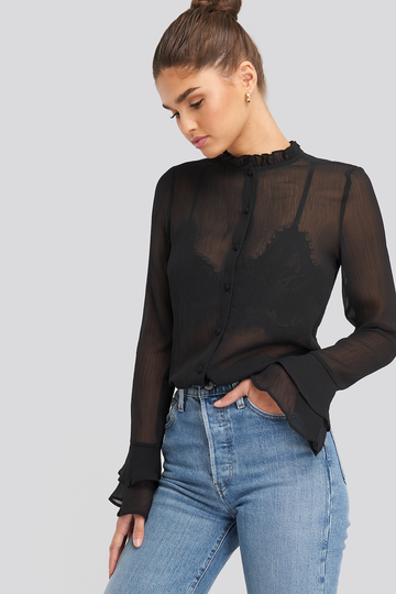 NA-KD Boho Chiffon Double Frill Sleeve Blouse - Black
