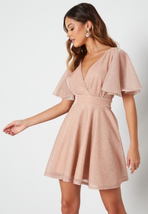 Goddiva Flutter Sleeve Glitter Skater Dress Blush L (UK14)