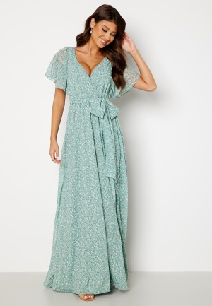 Goddiva Ditsy Flutter Sleeve Maxi Dress Duck Egg L (UK14)