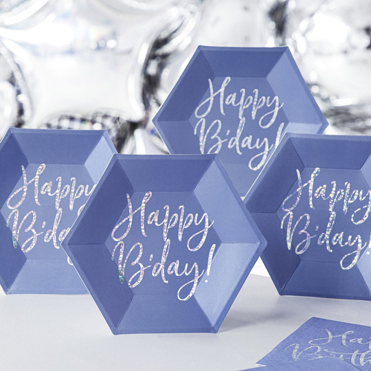 Desserttallrikar - Happy B-day - Blå/Iridescent