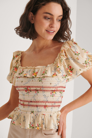NA-KD Boho Croppad Topp Med Smock - Flower