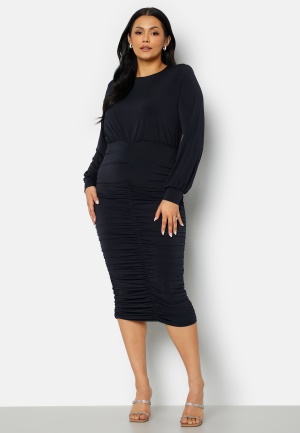 John Zack Curve Long Sleeve Rouched Midi Dress Navy 44 (UK16)