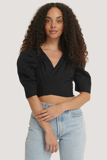NA-KD Boho Omlottblus I Bomull Med Puffärmar - Black