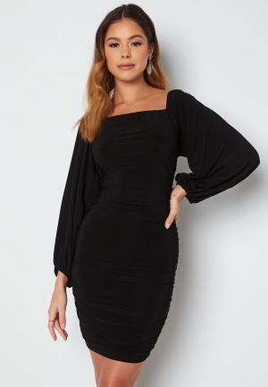 John Zack Balloon Sleeve Rouched Mini Dress Black L (UK14)