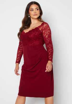 Goddiva Curve Long Sleeve Lace Trim Midi Dress Wine 52 (UK24)