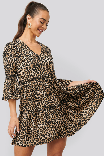 NA-KD Boho V-neck Ruffle Dress - Leopard