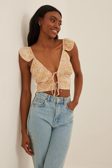 NA-KD Boho Printed Butterfly Sleeve Top - Flower