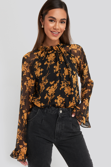 NA-KD Boho Flower Printed Shirred Blouse - Black