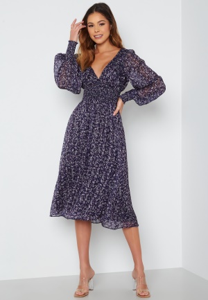 Goddiva Ditsy Long Sleeve Shirred Midi Dress Navy XXL (UK18)