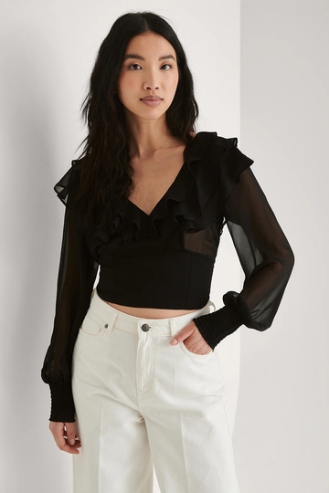 NA-KD Boho Recycled blus med volanger - Black