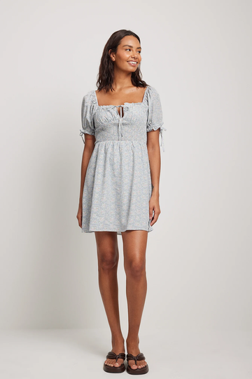 NA-KD Boho Miniklänning med puffärmar - Blue,Flower