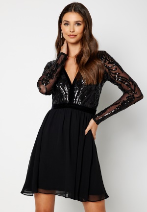 Goddiva Deep V Sequin Bodice Skater Dress Black XXS (UK6)