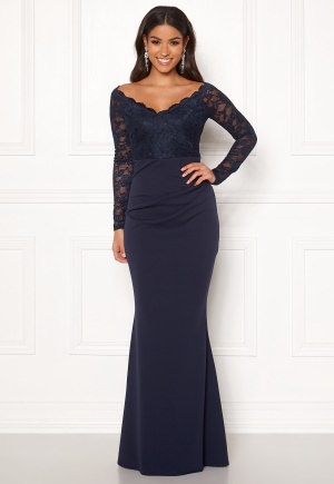 Goddiva Lace Trim Maxi Dress Navy S (UK10)
