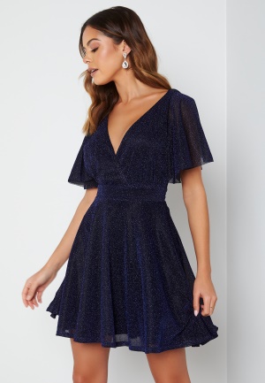 Goddiva Flutter Sleeve Glitter Skater Dress Navy XXL (UK18)