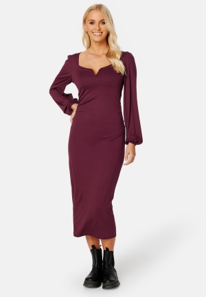 BUBBLEROOM Rudina puff sleeve midi dress Wine-red L