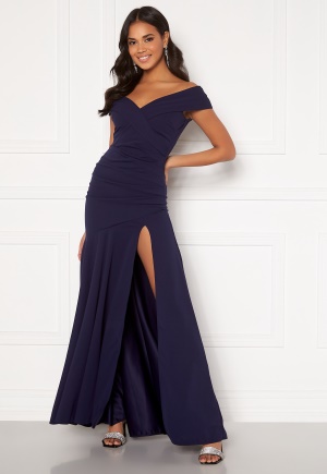 Goddiva Bardot Pleat Maxi Split Dress Navy S (UK10)