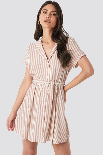 NA-KD Boho Collar Stripe Shirt Dress - Pink