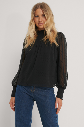 NA-KD Boho Dobbyblus Med Smock Och Rysch - Black
