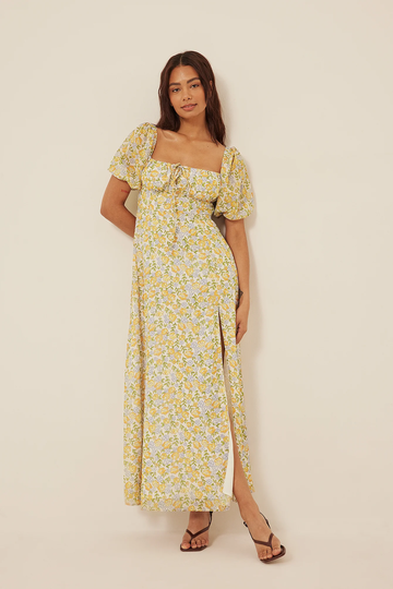 NA-KD Boho Recycled maxiklänning med dragsko - Yellow,Flower