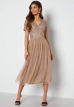 AngelEye Short Sleeve Sequin Embellished Midi Dress Taupe L (UK14)