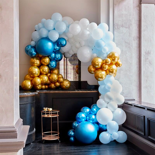 Ballongbåge Deluxe Blå/Guld/Vit Kit