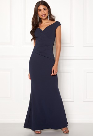 Goddiva Bardot Pleat Maxi Dress Navy XL (UK16)