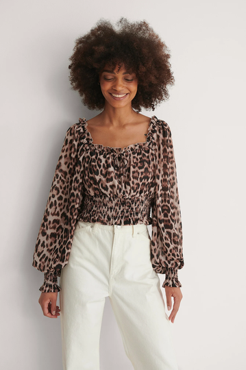 NA-KD Boho Recycled blus med fyrkantig halsringning - Leopard