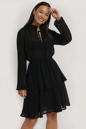NA-KD Boho High Frill Neck Dress - Black