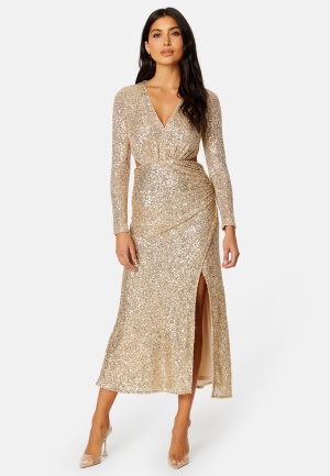 FOREVER NEW Rylie Sequin Cut Out Dress Soft Gold 40