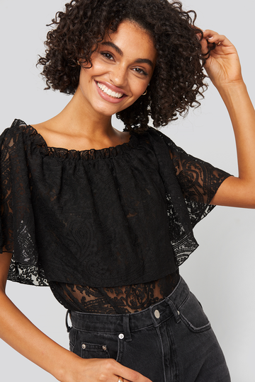 NA-KD Boho Bardot Lace Top - Black