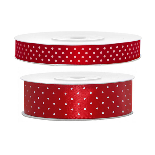 Satinband Prickig/Röd - 12 mm x 25 m
