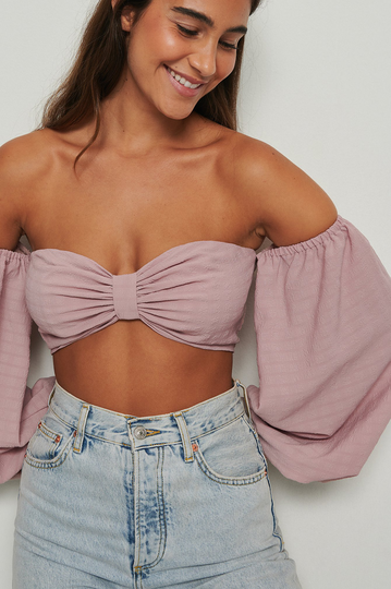 NA-KD Boho Croppad, Strukturerad Blus Med Långa Ärmar - Pink