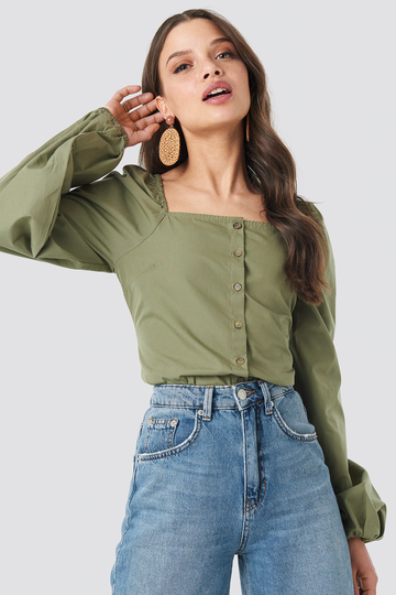 NA-KD Boho Square Neck Volume Sleeve Blouse - Green